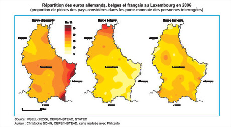 Répartition des Euros allemands, belges et français au Luxembourg en 2006 selon le CEPS