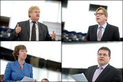 Elmar Brok, Guy Verhofstadt, Catherine Ashton et Maroš Šefčovič (commissaire aux relations interinstitutionnelles) en plénière le 7 juillet 2010. Source : le Parlement européen