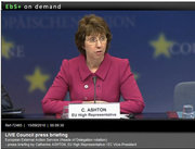 Catherine Ashton face à la presse le 15 septembre 2010. Source : EbS+