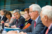 Conférence de presse avec les principaux négociateurs : Sylvie Goulard, Didier Reynders, Sharon Bowles et Michel Barnier © European Parliament / Pietro Naj-Oleari