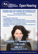 "Freedom of press in Hungary", l'affiche du débat public organisé par les libéraux au Parlement européen le 11 janvier 2011 et à l'occasion duquel s'est exprimée Neelie Kroes