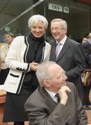 Christine Lagarde, Jean-Claude Juncker et Wolfgang Schäuble lors de la réunion de l'Eurogroupe du 14 février 2011 (c) SIP / Jock Fistick