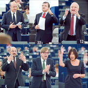 Jan Vincent-Rostowski, José Manuel Barroso,Joseph Daul, Martin Schulz, Guy Verhofstadt et Rebecca Harms sont intervenus tour à tour en plnière le 14 septembre 2011 à l'occasion d'un débat sur la crise (c) Parlement européen, 2011