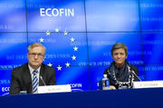 Margrethe Vestager et Olli Rehn à l'issue de l'Ecofin du 21 février 2012 (c) Conseil de l'UE