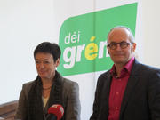 La députée verte José Lorsché et l'eurodéputé vert Claude Turmes, lors de la conférence de presse du 13 février 2012 sur la ligne ferrovaire Luxembourg-Bruxelles