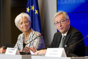 Christine Lagarde et Jean-Claude Juncker à l'issue de l'Eurogroupe du 21 juin 2012 à Luxembourg