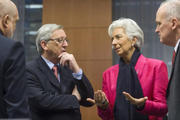 Jean-Claude Juncker, président de l'Eurogroupe, et Christine Lagarde, directrice du FMI, lors de la réunion de l'Eurogroupe du 12 novembre 2012 à Bruxelles source: SIP/ Jock Fistick