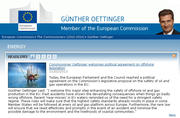 L'accord trouvé par le Parlement européen et le Conseil sur la sécurité des forages en mer à la une de la page web du commissaire Oettinger le 22 février 2013. Source : http://ec.europa.eu/commission_2010-2014/oettinger/index_en.htm