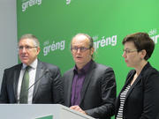 Le député François Bausch, l'eurodéputé Claude Turmes et la coprésidente de Déi Gréng, Sam Tanson, lors d'une conférence de presse sur le TSCG ou pacte budgétaire, le 25 février 2013 à Luxembourg