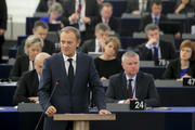 Le président du Conseil européen, Donald Tusk, devant le Parlement européen (Source : PE)