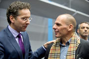 Jeroen Dijsselbloem et Yanis Varoufakis lors de l'Eurogroupe extraordinaire du 11 février 2015 (c) Le Conseil de l'UE