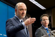 Pierre Moscovici et Jeroen Dijsselbloem devant la presse à l'issue de l'Eurogroupe du 26 janvier 2017 (c) Union européenne / Le Conseil de l'UE